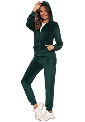 Image of Orshoy Women Tracksuit Set Ladies Velvet Long Sleeve Zip Up Hoodies Sweatpants 2 Piece Sports Outfits Velour Loungewear Casual Sweatsuits Dark green S