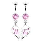 Forbidden Body Jewelry Surgical Steel Set of Best Friend Matching Pink Gem Dangle Heart Belly Button Rings