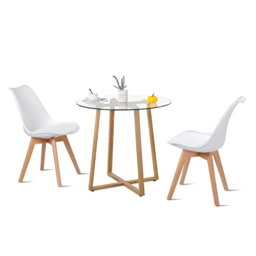 H.J WeDoo Esszimmergruppe Esstisch mit 2 Stühlen, Rund Esstisch Glas und 2 Stühle im nordischen Stil für Balkon & Esszimmer & Wohnzimmer, Weiß
