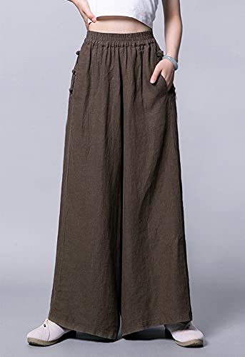 chouyatou Women's Baggy Elastic Waist Chinese Frog Button Wide Leg Linen Pants3