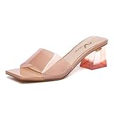 Athlefit Women's Nude Heels Sandals Dressy Low Block Chunky Prom Heels 2 Inch Slip on Mules Summer Casual Dress Wedding Heels Pumps Sandalias, 8
