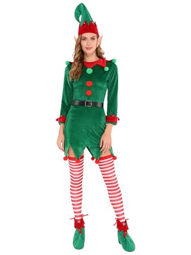 Costume Lutin de Noël pour Adulte avec Robe Bonnet Ceinture et Bas