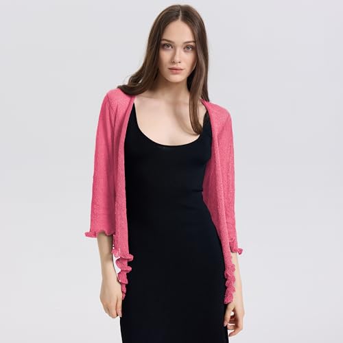 Image of Women's 3 /4 Sleeve Tie Open Front Sheer Mesh Lightweight Shrug Cardigan Knit for Dresses