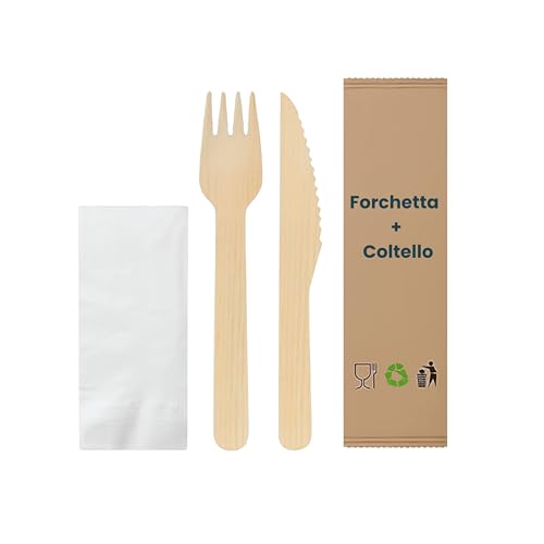 100 Set Posate Monouso Imbustate Singolarmente - Forchette e Coltelli in Legno di Betulla - Biodegradabili e Compostabili - Per Feste, Eventi, Catering, Ristorazione, Uso Domestico