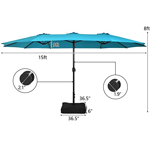 Image of Tangkula 15FT Double-Sided Patio Umbrella with Base, Extra-Large Market Umbrella W /Crank System, Outdoor Twin Umbrella W / 12-Rib Metal Structure & Air Vents for Garden, Backyard, Poolside (Turquoise)