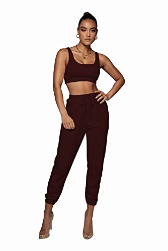 Topsrani Womens Jumpsuits Bodycon Workout Gym Tracksuit Sweatsuits Crop Casual Sexy Two Piece Outfits Jogger Pant Set Wine Red Xl #TOP1