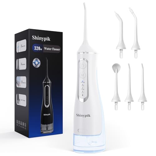 Shinypik Electric Water Flosser Pick - 320ML Larger Tank 4 Modes Cordless Portable Oral Irrigator IPX7 Waterproof Dental Flosser Professional Water Teeth Cleaner Picks for Home Travel (White)