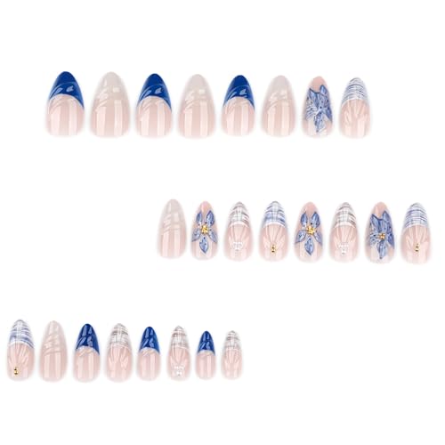 Image of Flower Nail Press ons French Tip Press on Nails Ocean Shell Fake Nails Glossy Full Cover Glue on Nails Artificial Acrylic Stick on Nail Medium Almond False Nail for Women Girls Manicure 24Pcs