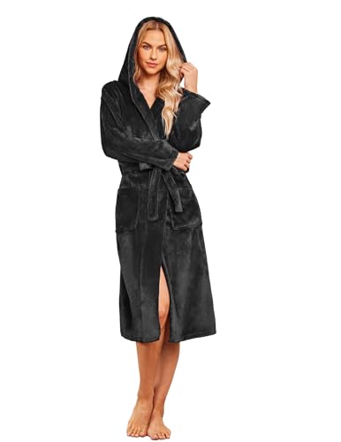Ekouaer Fleece Robes for Women with Hooded Warm Soft Cozy Long Plush Bathrobe S-XXL
