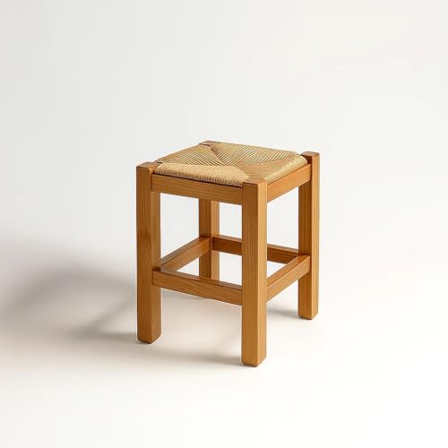 Spacio Taburete Rústico de Madera y Paja Növik – Estilo Nórdico Escandinavo – Banqueta Alta 70 cm y Baja 48,5 cm – Ideal para Cocina, Barra o Comedor | Fabricado en España (Pino Barnizado, BAJO)