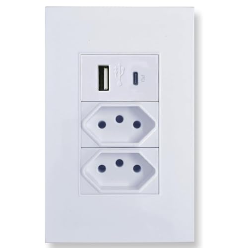 Tomada De Parede NBR 14136 Duo Com Entradas USB/Tipo-C ou USB/USB Inteligentes Smart Switch Premium
