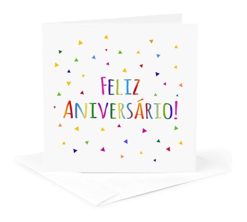 3dRose Feliz Aniversário - Happy Birthday in Portuguese colorful rainbow text 1 Greeting Card with envelope