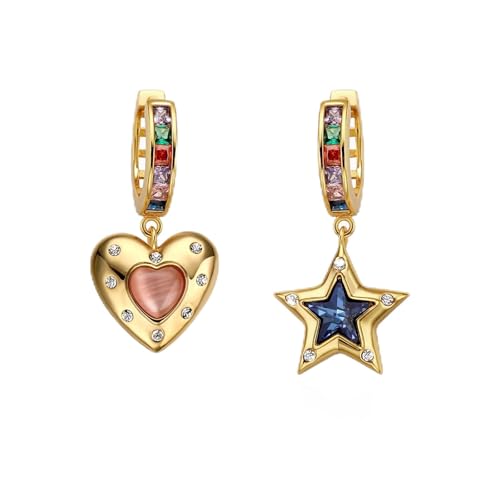Bijoux zircon coloré femme : boucles d'oreilles asymétriques rétro étoile cœur tendance