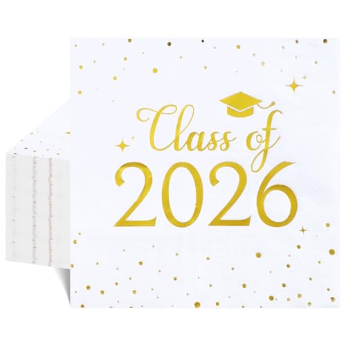NatNarr Graduation Napkins Class of 2026 6.5 Inch White and Gold Cocktail Napkins with Gold Foil Dots for College High School Grad Celebration