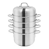 Vaporera de acero inoxidable de 5 niveles, acero inoxidable con tapa, olla de vapor pulida, olla de vapor de 32 cm, incluye sartén inferior + 3 compartimentos de vapor + 2 arcos de vapor + tapa