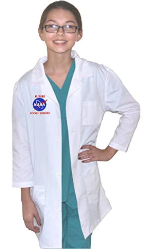 My Little Doc Kids Lab Coat with Rocket Scientist NASA Embroidery Design Size 12/14 White