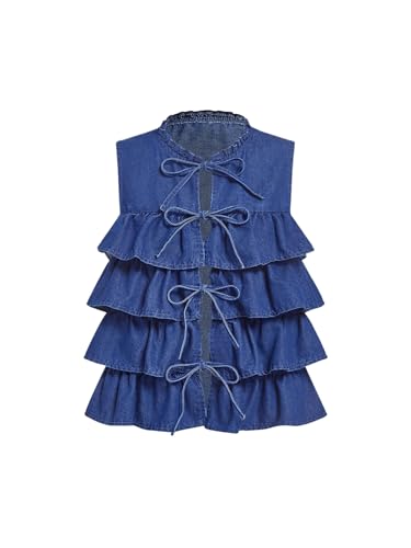 MakeMeChic Women's Denim Vest Bow Tie Front Ruffle Tiered Sleeveless Vests