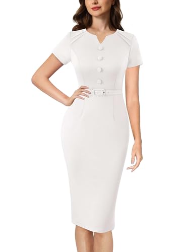 VFSHOW Womens Business Pleated Notch V Neck Buttons Fitted Work Office Elegant Belted Church Bodycon Pencil Sheath Dress…