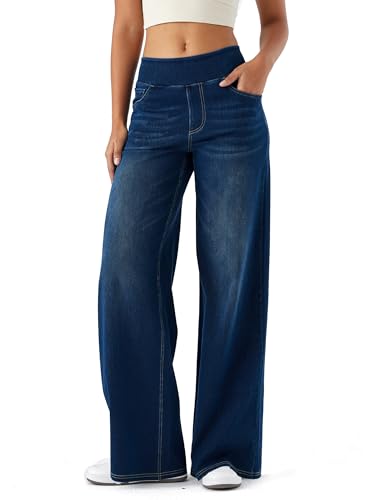 LaiEr Large Denim Wide Leg Pants for Women,High Waisted and Slimming with Multiple Pockets,Straight Tube,Loose fit,Cat Whisker,Marbling wash Craft,High Elasticity Casual Jeans(DarkBlueNostalgicM)