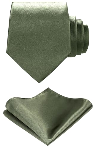TIE G Solid Satin Woven dyed Color Formal Black Necktie and Pocket Square Sets in Gift Box (Olive Green)