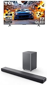 TCL 55-Inch T7 Series 55T7, 2025 Model 4K QLED with Dolby Vision HDR & Dolby Atmos Smart TV with Google TV + S55H S Class 2.1 Channel Sound Bar with Dolby Atmos