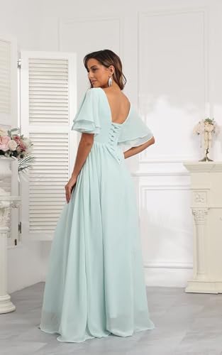 Women's V-Neck Chiffon Bridesmaid Dresses Long with Sleeves A-line Slit Formal Party Dress with Pockets4