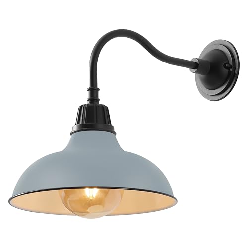 Image of JONATHAN Y 12.25 inch Matte Silver Blue /Black Farmhouse Industrial Outdoor Sconce, LED Gooseneck Wall Light for Porch, Metal Bowl Shade, Dimmable Vintage Exterior Fixture, LED Bulb Included (JYL7613N)