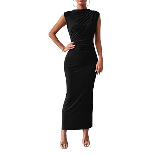 EMOTTOS Sexy Maxi Tube Dress, Summer Off Shoulder Sleeveless Rib Knit Dresses, Soft Turtleneck Sleeveless Slit Bodycon Dress, Maxi Pencil Cocktail Party Dress(Black, S)