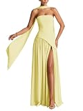 symdem Long Yellow Bridesmaid Dress for Women 2026 Ruched Chiffon Strapless Wedding Guest Gown with Neck Scarf A Line Corset Formal Dress Slit 4