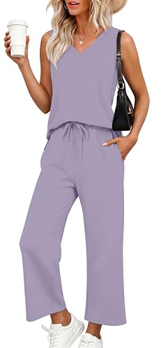 XIEERDUO Two Piece Sets for Women Summer Vacation Travel Outfits V Neck Lounge Matching Sets