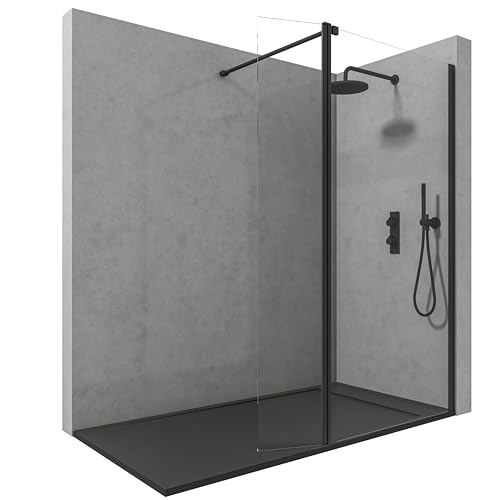 NEBADOON | Mamparas de Ducha Fija con Cristal Abatible - Mampara Ducha Fija - Cristal templado 8 mm - Antical - Perfilería Negro Mate - 70 cm (Fijo) + 40 cm (Abatible) Ancho x 200 cm Alto