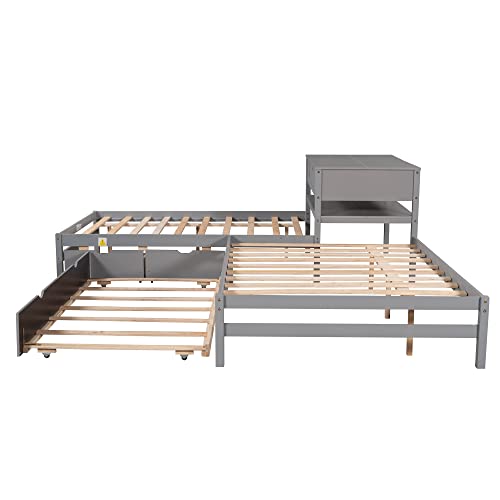 Moeo L-Shaped Full Size Platform Bed With Trundle And Drawers Linked W/Built-In Desk For Kids, Bedroom, Teens, Adults, No Box Spring Needed, 3 Wood Bedframe In 1, Gray #TOP7