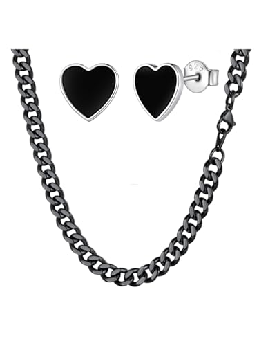 FindChic FindChic Black Curb Chain Necklace Thick Link Chains for Men Small Heart Studs for Women