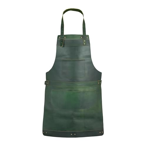 Image of Leathershire Full Grain Leather Apron Butcher, Cook, BBQ, Cooking, Wood work, Cheff, BBq Grill Gift Apron (Green Style 2)