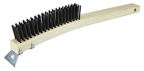 Image of Weiler 44058 0.012 inch Wire Size, 6 inch Brush Length, 14 inch X 1-1 /8 inch Block Size, 4 X 18 No. Of Rows, Steel Bristles, Hardwood Block, Curved Handle Scratch Brush With Scraper, Made in the USA