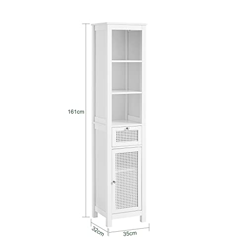 Haotian Bzr36-W, White Tall Bathroom Cabinet With Open Shelves, Drawer And Rattan Door #TOP1