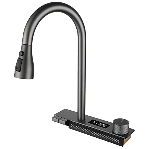 Waterfall Kitchen Faucet Led Digital Temperature Display, Kitchen Faucet with Pull Down Sprayer, with Circular Friction Rotary Adjustment Button