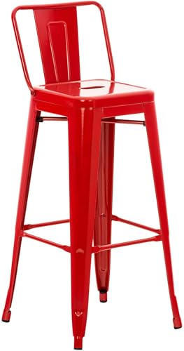 CLP Tabouret de Bar avec Dossier, Style Industriel Mason, avec Repose-Pieds et Protection de Sol, Couleur:Rouge