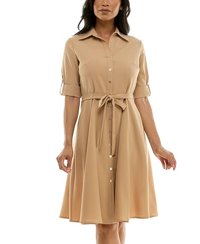Image of Sharagano Women's Pleated Shirt Dress - 3 /4 Sleeve, V-Neck, Gold Buttons