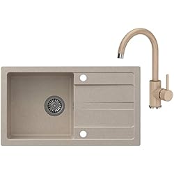 Fregadero Color VBChome Fregadero con grifo, 77 x 44 cm, color beige, granito, superficie de drenaje moteado, reversible, grifo de cocina + sifón + dispensador de detergente