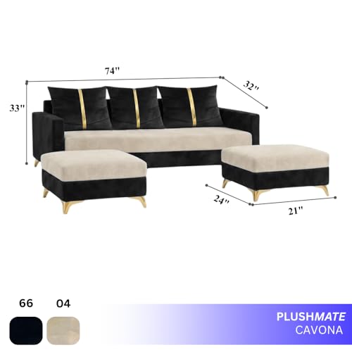 Image of Caviar 5 Seater L Shape Sofa Set with 2 Movable Ottomans | Flexible Layout | Luxury Velvet Suede Fabric | Modern Living Room Sofa | Black - Cream