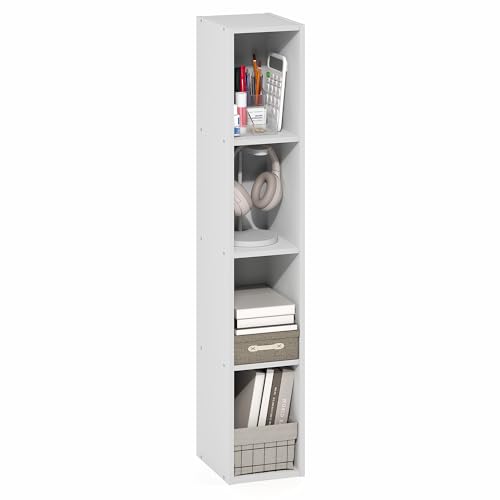 Furinno Fulda Book Shelf 4-Tier Narrow Bookshelf Standing Bookcase with 8-in Width Storage Shelf 9.3 x 7.9 x 41.6 for Organization and Storage for Living Room Bedroom Home Office White