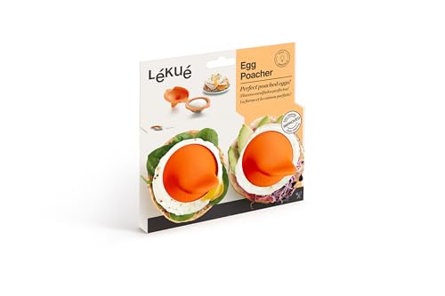 Lékué Pack 2 Escalfador de Huevos,para huevos pochado/poché,mollet,cocidos, acero inox y silicona platino Naranja, 9.3 x 11 x 7.5 cm