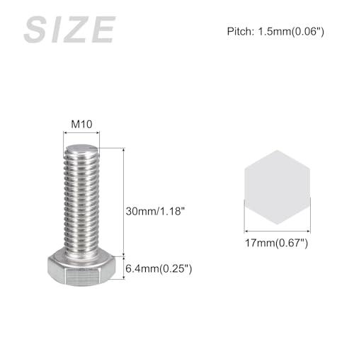 METALLIXITY Hex Bolts (M10-1.5x30mm) 5Pcs, 304 Stainless Steel Coarse Fully Threaded Hex Head Screw Bolt Machine Screws - Image 2