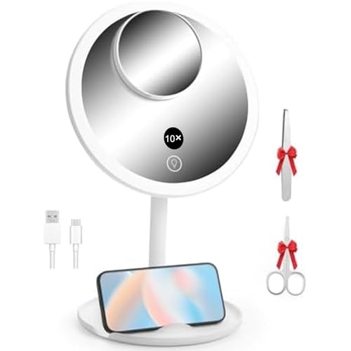 OTraki Magnifying Mirror with Lights, 1X/10X Makeup Mirror with Touch Screen LED Beauty Mirrors with 3 Color Lights Folding Lighted Rechargeable Beauty for Home, Travel