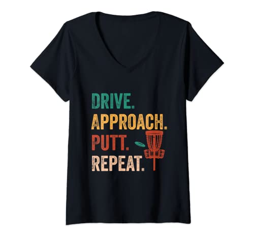 Disc Golf Gift & Disc Golfer Disc Golf Accessories - Womens Disc Golf Player Drive Approach Putt Repeat, Disc Golf V-Neck T-Shirt