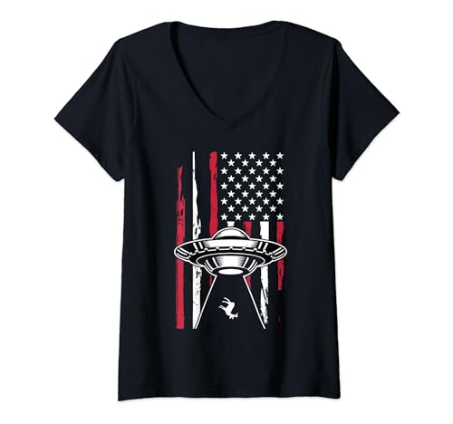 Bandera de Estados Unidos Vintage Alien OVNI Abduction Deer Retro Conspiracies Camiseta Cuello V