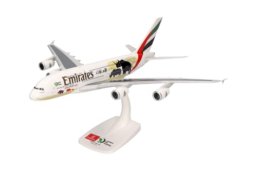 Herpa modèle Snap-Fit Avion Emirates Airbus A380 United for Wildlife,Miniature à l’échelle 1:250, pièce de Collection, modèle avec Socle, Plastique