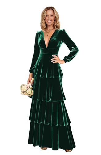 Clothfun Women's Long Sleeve Velvet Bridesmaid Dresses 2025 Tiered V Neck Corset Formal Dress CY284