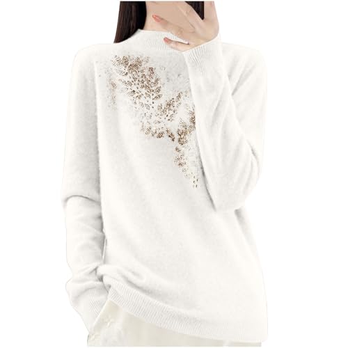 Women Long Sleeve Mock Neck Fashion Sweater, Funny Rhinestone Graphic Comfy Sweaters Pullover Going Out Casual Clothes